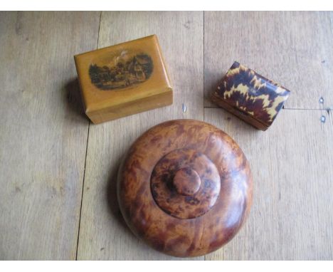 A Mauchline box depicting an Old Shanklin scene together with a burr maple dressing table box and a footed tortoiseshell topp