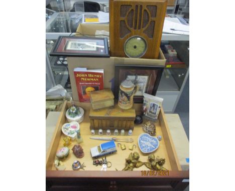 A mixed lot to include a book shaped wooden box, Nuova Capodimonte flower, Spode, a vintage style Casio radio and other items