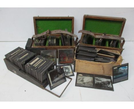 A collection of magic lantern slides to include Old and New Friends at Zoo, landscapes, monks in various poses, military boat