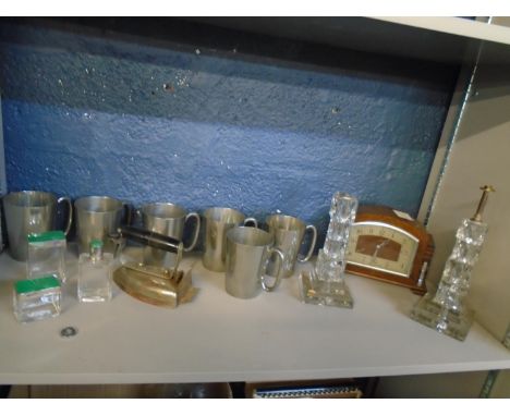 Six Don Pewter tankards, a pair of 'glass cube' table lamps A/F, a mantle clock and a vintage Morphy Richards iron together w