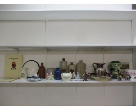 Miscellaneous china to include fairings and stone water bottles, a wash bowl set and Shrewsbury School ephemera and a Medici 