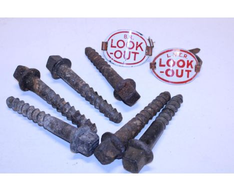 Two vintage enamel lookout badges and sleeper bolts 