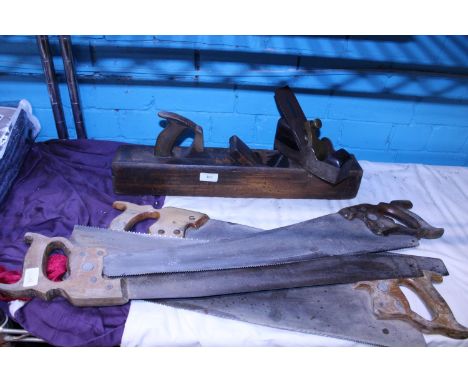 A selection of vintage woodworking tools including a Spires of Ayr plane 