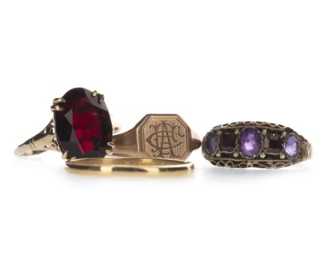 RED AND PURPLE GEM SET RING, set with red and purple gems, in nine carat gold with engraved date 1887, 1.7g, along with an un