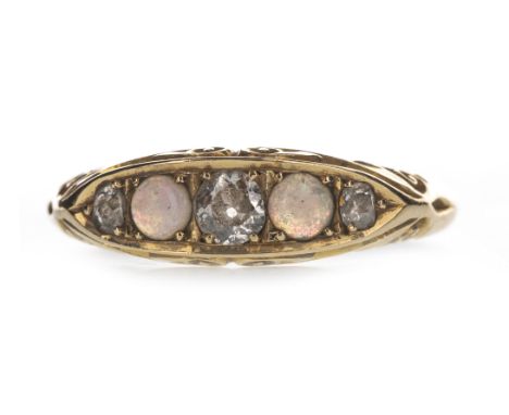 OPAL AND DIAMOND RING, the boat shaped bezel set with three old cut diamonds interspaced by cabochon opals, in eighteen carat