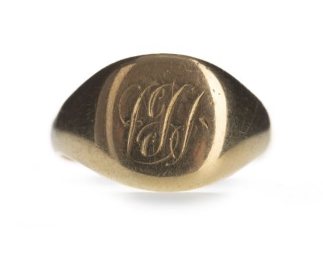 GENTLEMAN'S SIGNET RING, the cushion shaped bezel with engraved initials, marked 18CT, size R, 10.3g