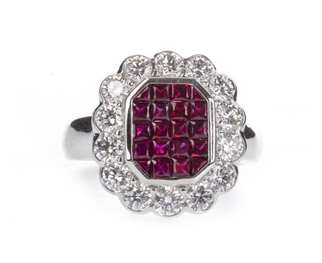 RUBY AND DIAMOND RING, the princess cut rubies within a halo of round brilliant cut diamonds totalling approximately 1.48 car