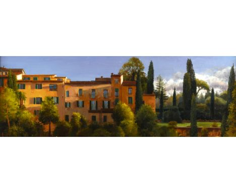 Alan R. Thompson (British b.1953), Sienna, ochre buildings and gardens, oil on board, signed with initials lower left, 22.5 x
