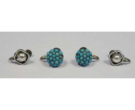 Pair of platinum, pearl and white enamel screw patterned earrings, each of circular pearl within open square white enamel bor