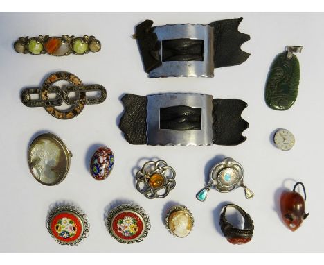 Art Nouveau silver and enamel brooch with drops (enamel worn), silver and amber Celtic style brooch, cameo brooches, silver b