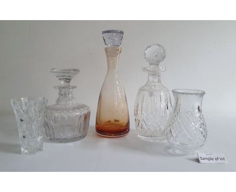 Amber glass decanter of conical form with stopper, approx 31cm high,  together with various cut glass decanters, vases, bottl