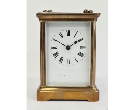 19th century brass four-glass carriage clock with enamel dial and Roman numerals 