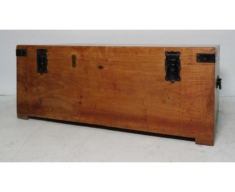 Wooden trunk with iron bindings, 106 x 42cmCondition Reportsee image of interior, repair to the back edge, and loss, marks sc