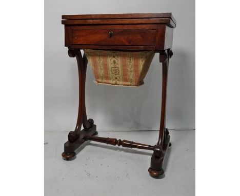 Victorian rosewood games work table, the rectangular top above plain edge, opening to reveal chessboard and leather backgammo