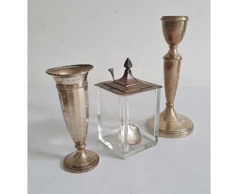 1930's silver and glass lidded jam pot/mustard pot, the silver lidded top with pointed finial and square stepped decoration t