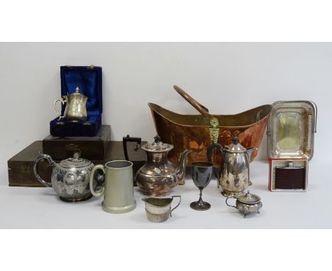 Quantity of plated ware to include teapot, trophy cups, candlesticks, a copper coal scuttle, an empty canteen case, etc (2 bo