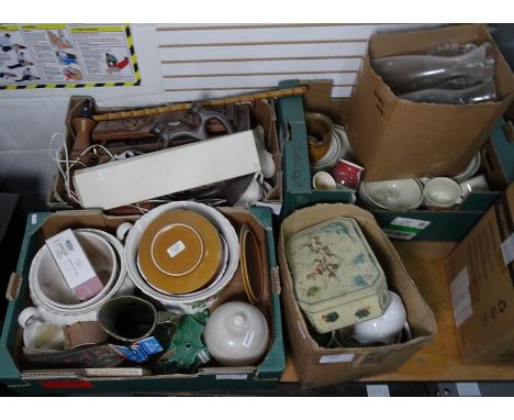 Quantity of Royal Doulton Lambeth ware 'Will'oThe Wisp' part dinner service, glassware to include three carafes, vintage tin,