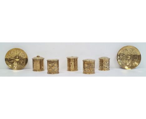 Five brass lidded trinket boxes and two circular dishes (7) 