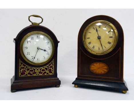 Late 19th/early 20th century arched top mantel clock by H.A.C of Wurttenberg, in inlaid mahogany case with bun feet, 22cm hig
