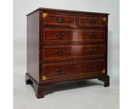 19th century mahogany cross-banded and inlaid chest of two short over three long drawers, bracket feet, 94cm x 92cm Condition