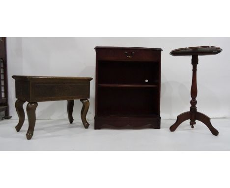 Round wine table on tripod stand, a work table with vine carving, a black painted coffee table and a small bookcase (4) 