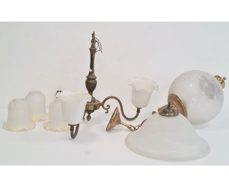 Brass and glass ceiling light&nbsp;with circular etched glass shade, a glass dome,&nbsp;a brass three-tier electrolier with f