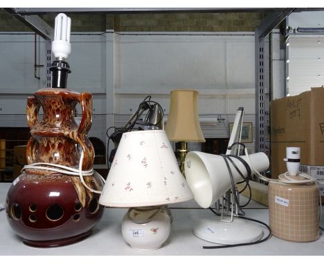 Cream anglepoise lamp, two ceramic table lamps and a large ceramic brown mottled table lamp (4) 