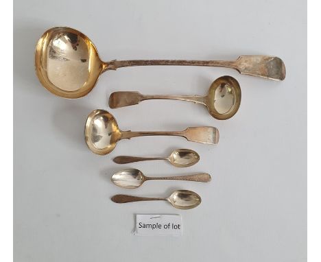 10 assorted silver teaspoons, other plated teaspoons, a large silver-plated ladle, two smaller and a miniature one and a piec