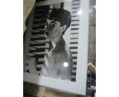 Audrey Hepburn, black and white photographic portrait in mirrored frame , 75 x 95 cms, with  colour print - MacKenzie Thorpe 