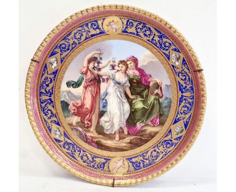 19th century Meissen porcelain plaque, circular and painted with three classical allegorical figures, having cherub in classi