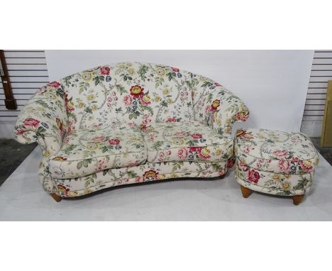 Modern Lincoln House furnishings, three seater and two seater sofas&nbsp;and a pouffe in a cream ground foliate patterned uph