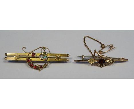 Gold bar brooch set with opals and rubies with star decoration (one opal missing), gold marks worn, and another gold bar broo