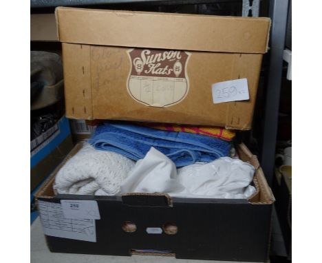 Vintage straw hat and another in a vintage hat box, marked 'Sunson Hats' and assorted linen (2 boxes) 