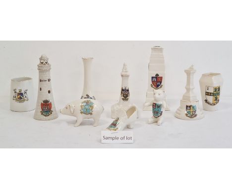 Quantity of crested ware china, a set of six glasses and a vintage hanger 