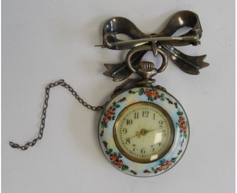 Lady's Victorian pocket watch with Arabic numerals to the dial, in enamel foliate decorated case, couple with dogs to back, e