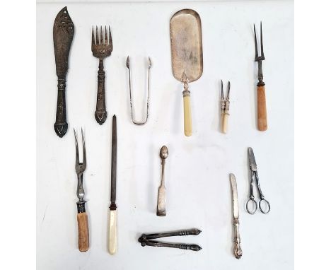 Two silver sugar nips, a silver plated ladle, silver fish servers and other plated wares&nbsp;
