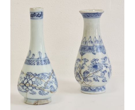 Two Chinese porcelain blue and white miniature vases, the first of baluster form, blue character mark to base, pencilled in b