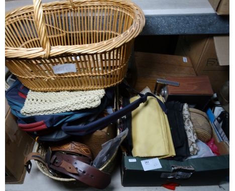 Various fabrics, kid gloves, Roberts radio, sewing box with cotton reels, vintage belts, an ostrich skin bag, a basket (3 box