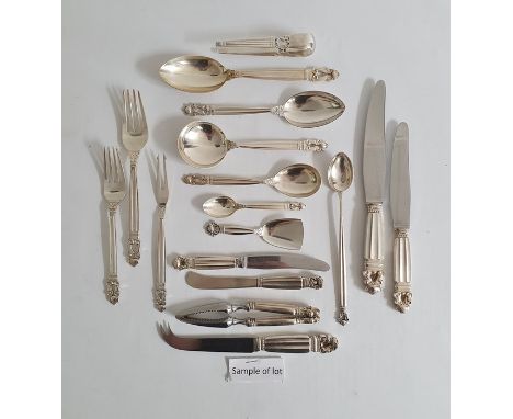 Georg Jensen sterling silver acorn-pattern table flatware service&nbsp;designed by Johan Rohde comprising 12 forks, 12 knives