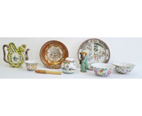 Assorted group of Asian ceramics, comprising a pierced scroll shaped yellow ground teapot and cover, painted in manganese and