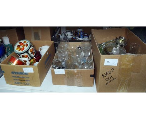 Assorted glassware, ceramics and a modern table oil lamp (3 boxes) 