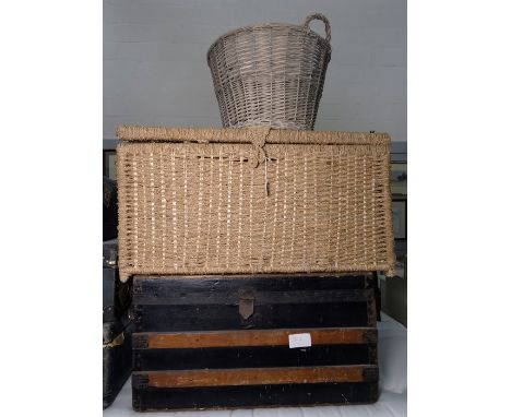 Metal and wood banded travelling trunk, a large wicker laundry basket and another basket (3) 