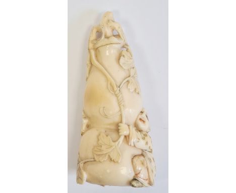 Late 19th century Japanese ivory carved snuff bottle and cover, formed as a double gourd issuing from a vine, supported by a 