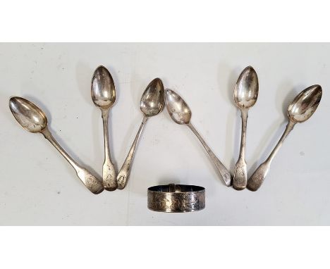 A silver bangle with engraved decoration and six silver teaspoons (7)Condition Report