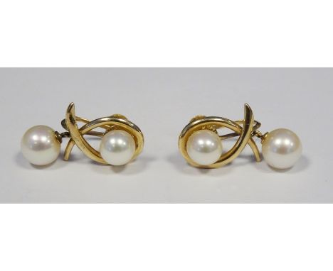 Pair of 14ct gold and pearl earrings, each with single pearl and crossover design and having pearl drop, 5g in totalCondition