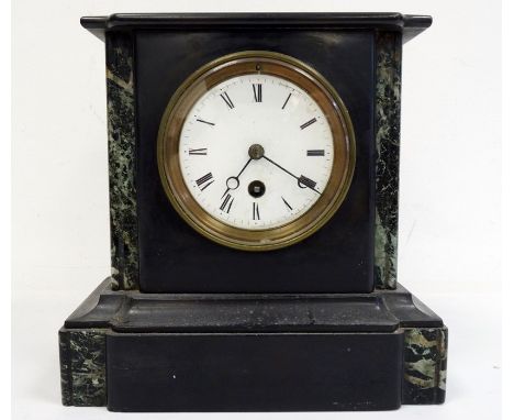 Victorian black slate mantel single train clock, white enamel dial with Roman numerals and black 'moon' hands, 22cm high 