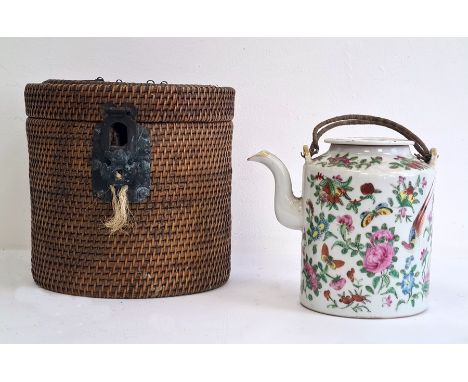 Chinese famille rose Canton teapot and cover in travelling fitted wicker case, circa 1890-1910, the cylindrical teapot painte