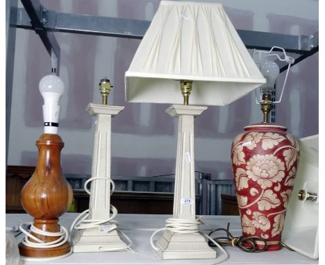 Pair of wood painted table lamps formed as square columns 37.5 cms h., a ceramic table lamp of ovoid form decorated with flow