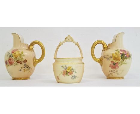 Royal Worcester blush ivory miniature bucket with loop handle, floral decorated, RN No.277736 1880 to base, 10cm high and a p