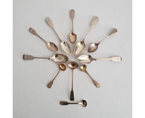 Set of three Victorian silver fiddle pattern tablespoons, London 1839, maker WE, 4.9oz, a silver-plated fiddle pattern spoon,